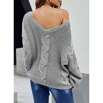 Ecrocoo Women's Off The Shoulder Long Sleeve V-Neck Ribbed Cable Knit Sweaters Pullover 2023 Fashion Fall Winter Oversized Chunky Loose Fitting Tops,Gray L