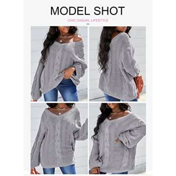 Ecrocoo Women's Off The Shoulder Long Sleeve V-Neck Ribbed Cable Knit Sweaters Pullover 2023 Fashion Fall Winter Oversized Chunky Loose Fitting Tops,Gray L