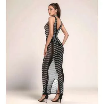 Jigfar Women's Sexy Elegant Rhinestone Sleeveless Complete Mesh See Through Bodycon Maxi Dress(F5259,Black,M)