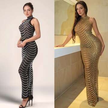 Jigfar Women's Sexy Elegant Rhinestone Sleeveless Complete Mesh See Through Bodycon Maxi Dress(F5259,Black,M)