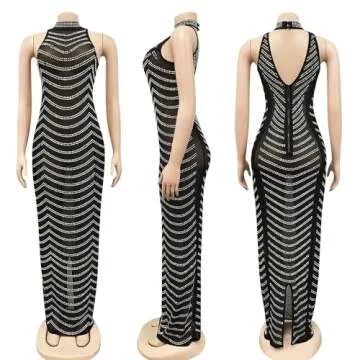 Jigfar Women's Sexy Elegant Rhinestone Sleeveless Complete Mesh See Through Bodycon Maxi Dress(F5259,Black,M)