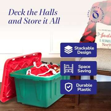 HOMZ 2-Pack Durabilt, Heavy Duty Plastic Storage Bins with Lids, 15 Gallon, Green/Red