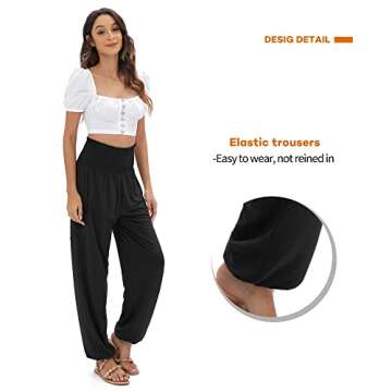 QIANXIZHAN Women's Harem Pants, High Waist Yoga Boho Trousers with Pockets Black L