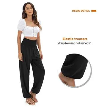 QIANXIZHAN Women's Harem Pants, High Waist Yoga Boho Trousers with Pockets Black L