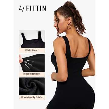 FITTIN Jumpsuit for Women - Women's Square Neck One Piece Jumpsuit Tummy Control Bodycon Shorts Rompers for Yoga Workout