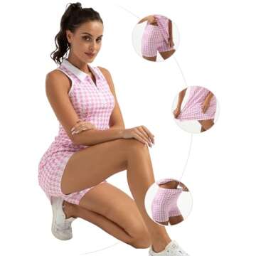 FKEEP Women's Golf Tennis Dress Sport Activewear Zipper V-Neck with Shorts and Pocket Workout Athletic (Red Plaid, L)