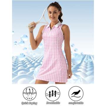 FKEEP Women's Golf Tennis Dress Sport Activewear Zipper V-Neck with Shorts and Pocket Workout Athletic (Red Plaid, L)