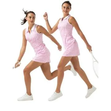 FKEEP Women's Golf Tennis Dress Sport Activewear Zipper V-Neck with Shorts and Pocket Workout Athletic (Red Plaid, L)