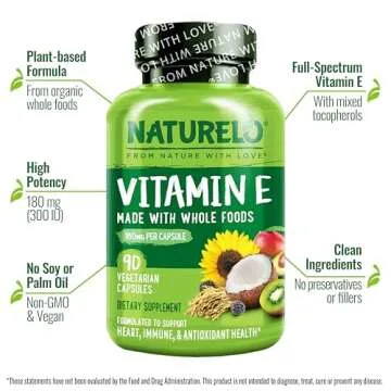 NATURELO Vitamin E - 180 mg (300 IU) of Natural Mixed Tocopherols from Organic Whole Foods - Supplement for Healthy Skin, Hair, Nails, Immune & Eye Health - Non-GMO, Soy Free - 90 Vegan Capsules