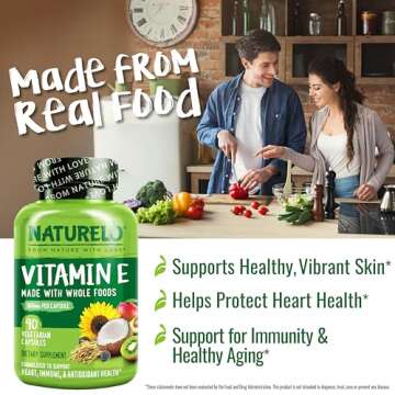 NATURELO Vitamin E - 180 mg (300 IU) of Natural Mixed Tocopherols from Organic Whole Foods - Supplement for Healthy Skin, Hair, Nails, Immune & Eye Health - Non-GMO, Soy Free - 90 Vegan Capsules