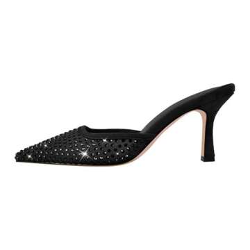 sexytag Rhinestone Mesh Kitten Heels for Women Slip On Mules Pointed Toe Pumps Sexy Closed Toe Spark...