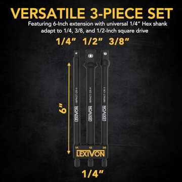LEXIVON Impact Grade Socket Adapter Set, 6" Extension Bit With Holder | 3-Piece 1/4", 3/8", and 1/2"...