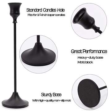 Matte Black Taper Candle Holder Set of 6, Tall Candlestick Holders, Metal Vintage Candle Stickers Long Holder Set, Pillar Decorative Candle Holder Fits 3/4 Inch Candle for Wedding, Dinner, Party…