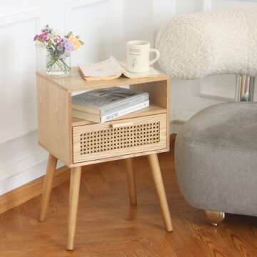 MaxSmeo Modern Nightstand Rattan Side End Table with Storage, for Living Room, Bedroom and Small Spa...