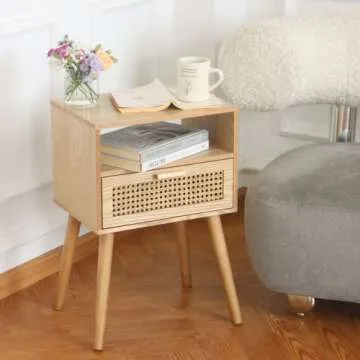 MaxSmeo Modern Nightstand with Rattan Drawer, Easy Assembly & Storage