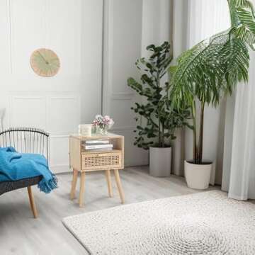 MaxSmeo Modern Nightstand Rattan Side End Table with Storage, for Living Room, Bedroom and Small Spaces, Accent Bedside Farmhouse Tables with Solid Wood Legs, Easy Assembly (Natural Walnut)