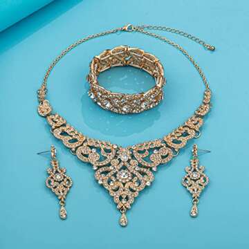 Paxuan Silver Gold Plated Wedding Jewelry Sets Bridal Necklace Rhinestone Earrings Bracelets