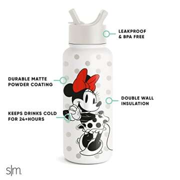 Simple Modern Disney Minnie Mouse Water Bottle with Straw Lid Insulated Stainless Steel Metal Thermos | Gifts for Women Men Reusable Leak Proof Flask | Summit Collection | 32oz Minnie Mouse Love