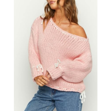 Y2K Lace Up Cable Knit Sweater with Bowtie - Retro Chic