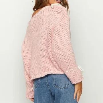 Y2K Lace Up Cable Knit Sweater with Bowtie - Retro Chic