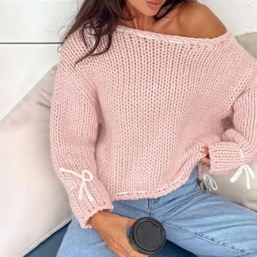 Y2K Lace Up Cable Knit Sweater with Bowtie - Retro Chic