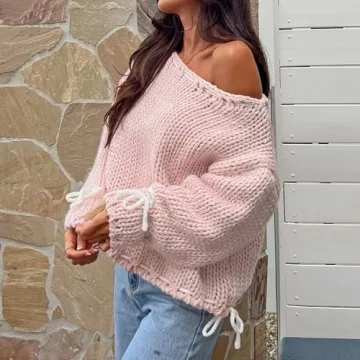 Y2K Lace Up Cable Knit Sweater with Bowtie - Retro Chic