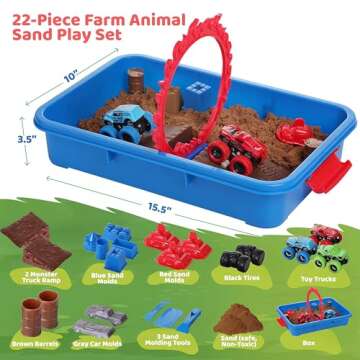 Dazmers Monster Truck Sand Play Set Sensory Kit, Sensory Bins with Lid, 2 Lbs of Sand, Jumps, Crushed Cars and Trucks, Indoor Sensory Bin for 3-4, 5 Year Old, Toddlers Sand Table