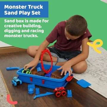 Dazmers Monster Truck Sand Play Set Sensory Kit, Sensory Bins with Lid, 2 Lbs of Sand, Jumps, Crushed Cars and Trucks, Indoor Sensory Bin for 3-4, 5 Year Old, Toddlers Sand Table