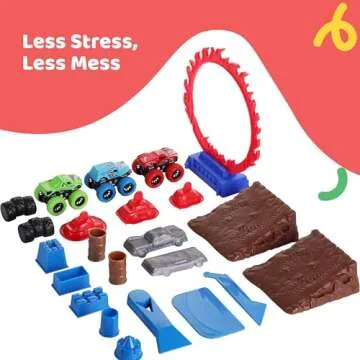 Dazmers Monster Truck Sand Play Set Sensory Kit, Sensory Bins with Lid, 2 Lbs of Sand, Jumps, Crushed Cars and Trucks, Indoor Sensory Bin for 3-4, 5 Year Old, Toddlers Sand Table