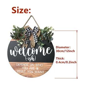 Welcome Door Sign Rustic Home Decor for Front Door Porch Decor Farmhouse Wreath Wall Decor with Eucalyptus Wreath & Buffalo Bow Seasonal Wooden Front Door Wreaths for Home Wall Decor
