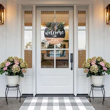 Welcome Door Sign Rustic Home Decor for Front Door Porch Decor Farmhouse Wreath Wall Decor with Eucalyptus Wreath & Buffalo Bow Seasonal Wooden Front Door Wreaths for Home Wall Decor