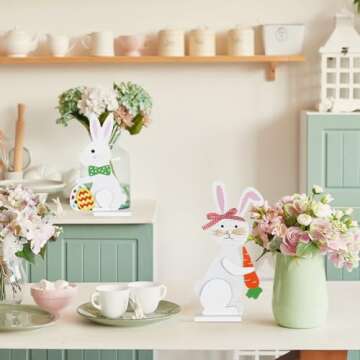 Easter Decorations, DECSPAS 2PCS Wood White Easter Bunny Block Set Easter Decor, Easter Eggs Carrots Elements Easter Decorations Indoor, Easter Decorations for the Home, Mantel, Table, Shelf