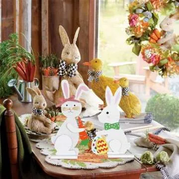 Easter Decorations, DECSPAS 2PCS Wood White Easter Bunny Block Set Easter Decor, Easter Eggs Carrots Elements Easter Decorations Indoor, Easter Decorations for the Home, Mantel, Table, Shelf