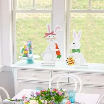 Easter Decorations, DECSPAS 2PCS Wood White Easter Bunny Block Set Easter Decor, Easter Eggs Carrots Elements Easter Decorations Indoor, Easter Decorations for the Home, Mantel, Table, Shelf
