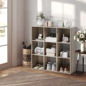 ZenStyle 9 Cube Storage Shelf Organizer, Wooden Bookshelf System Display Cube Shelves Compartments, Customizable W/ 5 Removable Back Panels (Natural)