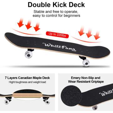 WhiteFang Skateboard for Beginners - 31" Maple Deck