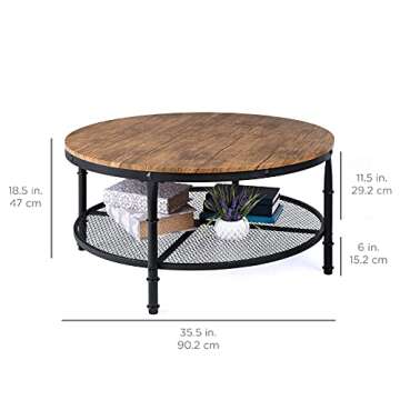 Best Choice Products 2-Tier 35.5in Round Industrial Coffee Table, Rustic Steel Accent Table for Living Room, w/Wooden Tabletop, Reinforced Crossbars, Padded Feet, Open Shelf, Raised Bottom - Brown