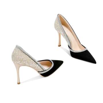 Women's Classic Closed Toe High Heels, Gold Sparkly Rhinestone Pointed Toe Pumps Stiletto Heeled Satin Prom Dress Shoes for Wedding Bridal Party,6