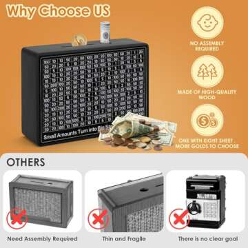 Cash Vault Wooden Money Box，Wooden Money Box with 8 Saving Targets，One Piece Cash Vault Wooden Savings Box Coin Money Savings Box with Counter ，Gift for Adults Kids Boys Girl (Black Color)