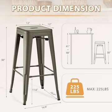 Furmax 30 Inches Metal Bar Stools Bar Height High Backless Stools Indoor Outdoor Stackable Kitchen Stools Set of 4 (Gun)