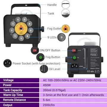 Fog Machine with 9 LED Lights and Remote Control