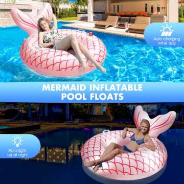 Sinbyuer Mermaid Inflatable Pool Float Chair, Solar Powered Pink Pool Float with Lights, Pool Lounge...