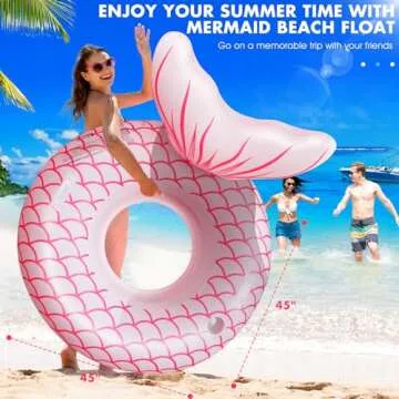 Sinbyuer Mermaid Inflatable Pool Float Chair, Solar Powered Pink Pool Float with Lights, Pool Lounger Float with Cup Holder & Handles, Large Beach Floats for Ocean, Pool Raft Water Floats for Adults