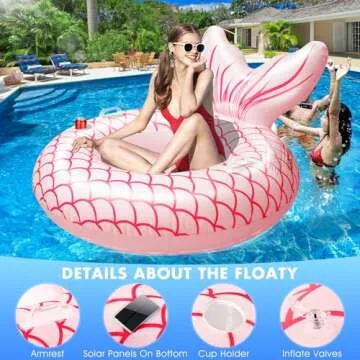 Sinbyuer Mermaid Inflatable Pool Float Chair, Solar Powered Pink Pool Float with Lights, Pool Lounger Float with Cup Holder & Handles, Large Beach Floats for Ocean, Pool Raft Water Floats for Adults