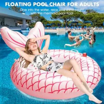 Sinbyuer Mermaid Inflatable Pool Float Chair, Solar Powered Pink Pool Float with Lights, Pool Lounger Float with Cup Holder & Handles, Large Beach Floats for Ocean, Pool Raft Water Floats for Adults