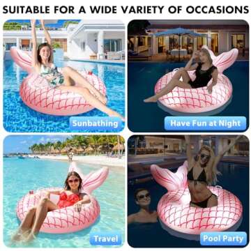 Sinbyuer Mermaid Inflatable Pool Float Chair, Solar Powered Pink Pool Float with Lights, Pool Lounger Float with Cup Holder & Handles, Large Beach Floats for Ocean, Pool Raft Water Floats for Adults