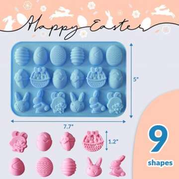 HKNMTT Silicone Gummy Chocolate Mold 2-PACK 9 Shaped Egg Rabbit 36 Cavities Candy Mould Wax Melt Tray for Gummies Cupcake Decor Kids Holiday Gift Fudge Making Set