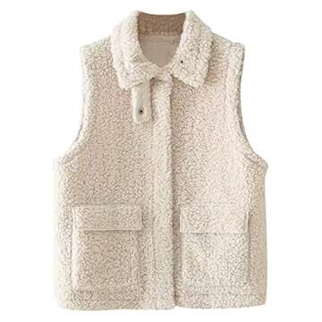 Snoly Women's Cozy Sherpa Fleece Vest - Lightweight Sleeveless Jacket with Pockets (Beige, Small)