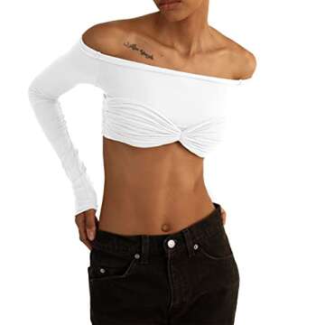Women’s Crop Tops Sexy Knit Mesh Sheer See Through Off Shoulder Long Sleeve t Slim Fit Y2K Crop Tops Skinny Club Party Shirts (as1, Alpha, s, Regular, Regular, White)