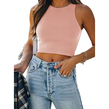 REORIA Women's Sexy Sleeveless High Neck Racerback Cropped Tank Top for Trendy Girls